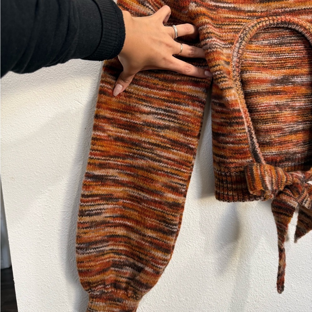 Vanilla Star Brown Marled Open Back Tie Sweater S Boho Y2K Fall Balloon Sleeve - Picture 4 of 11